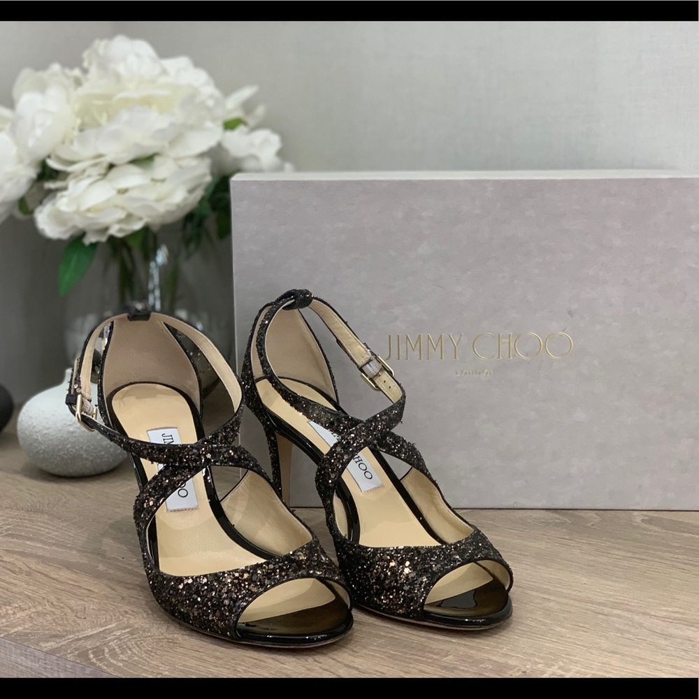 Jimmy Choo: Emily Glitter Strap Peep Toe Pumps